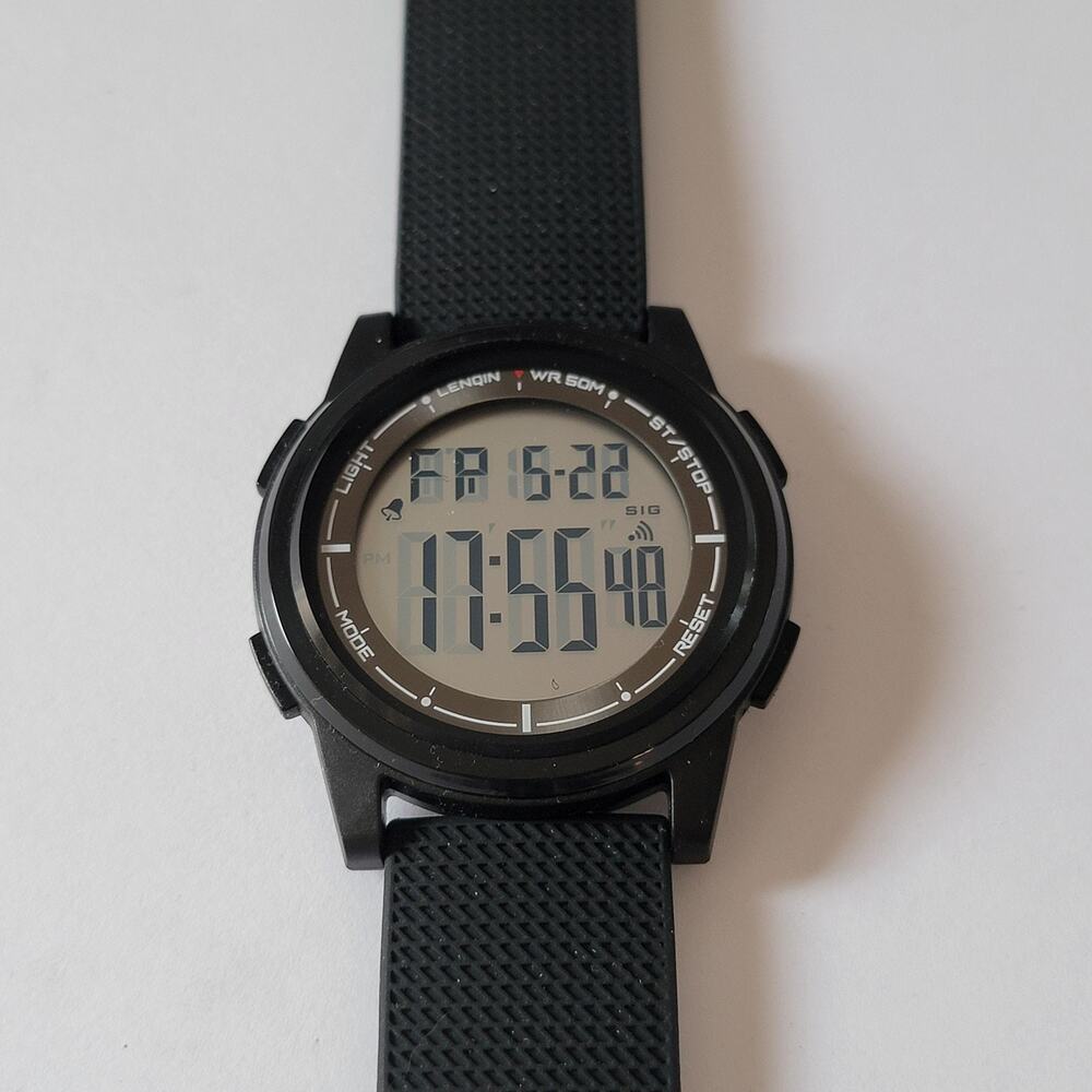 LENGIN Digital Watch Mens Alarm 50m WR Black Gray Rubber Strap Quartz Casual